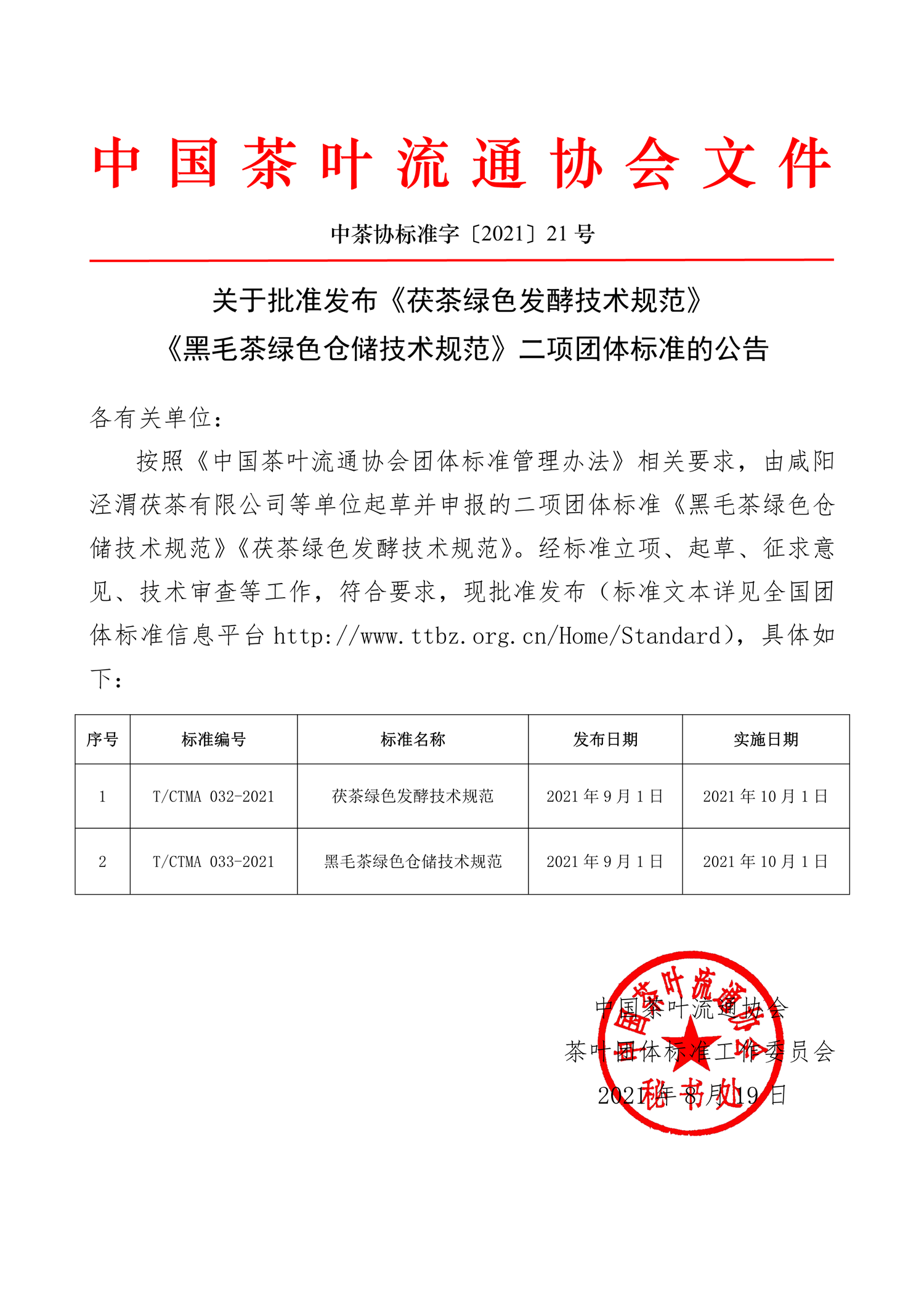 中茶协标准字〔2021〕21号——关于批准发布《茯茶绿色发酵技术规范》《黑毛茶绿色仓储技术规范》二项团体标准的公告-1.png