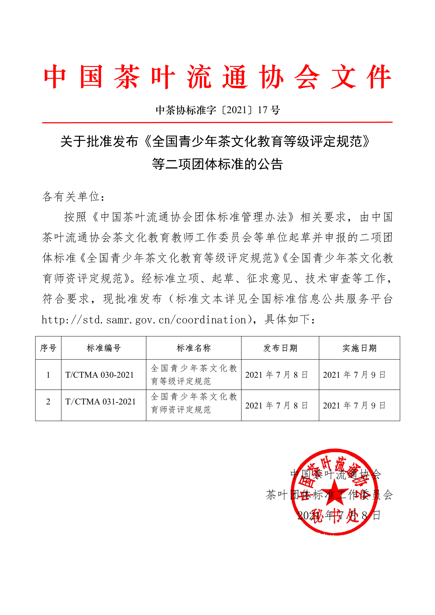 中茶协标准字〔2021〕17号——关于批准发布《全国青少年茶文化教育等级评定规范》等二项团体标准的公告-1.png
